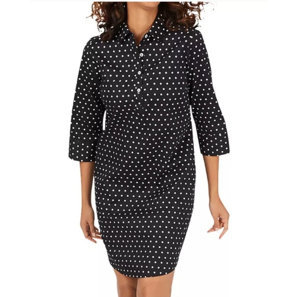 Foxcroft Black White Polka Dot Shirt Dress Sz 4 Wrinkle Free Classic Nice